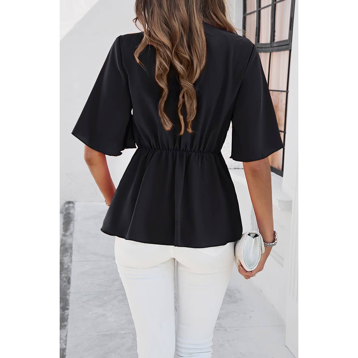 Wide Sleeve Deep V Knot Cross Ruffle Fit Blouse: WHITE / XL