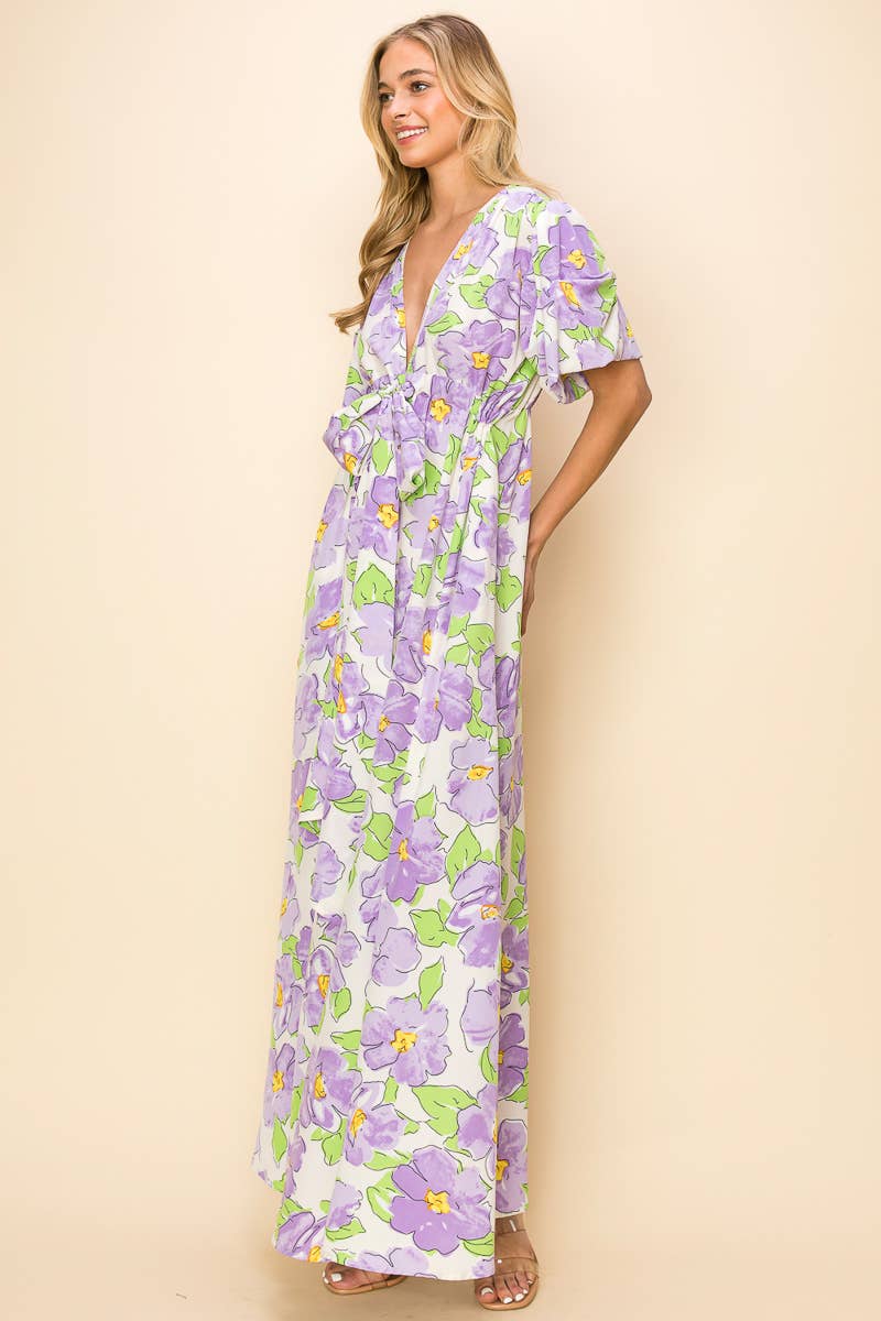 Printed V Neck Maxi Dress - Short Sleeve: PURPLE/LAVENDER