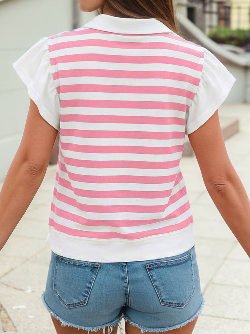 Stripe Collar V Neck Ruffled Short Sleeve Blouse | S-4X: Green Stripe / Plus-3X