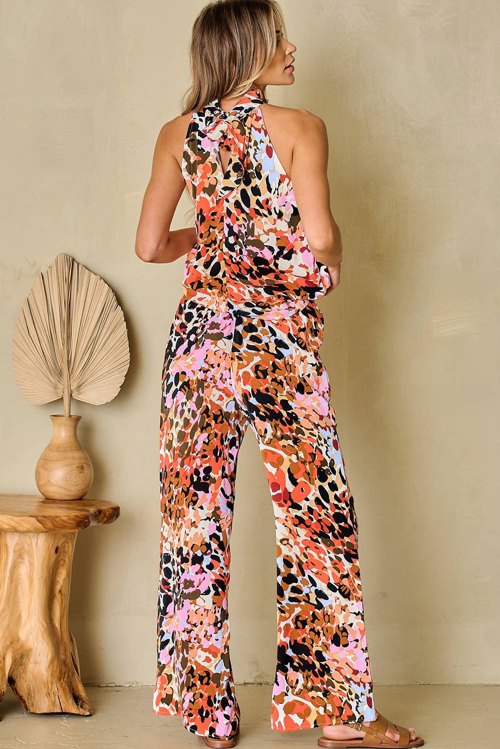 Multicolor Leopard Print Halter Tank Top and Pants Sets: MULTI / XL