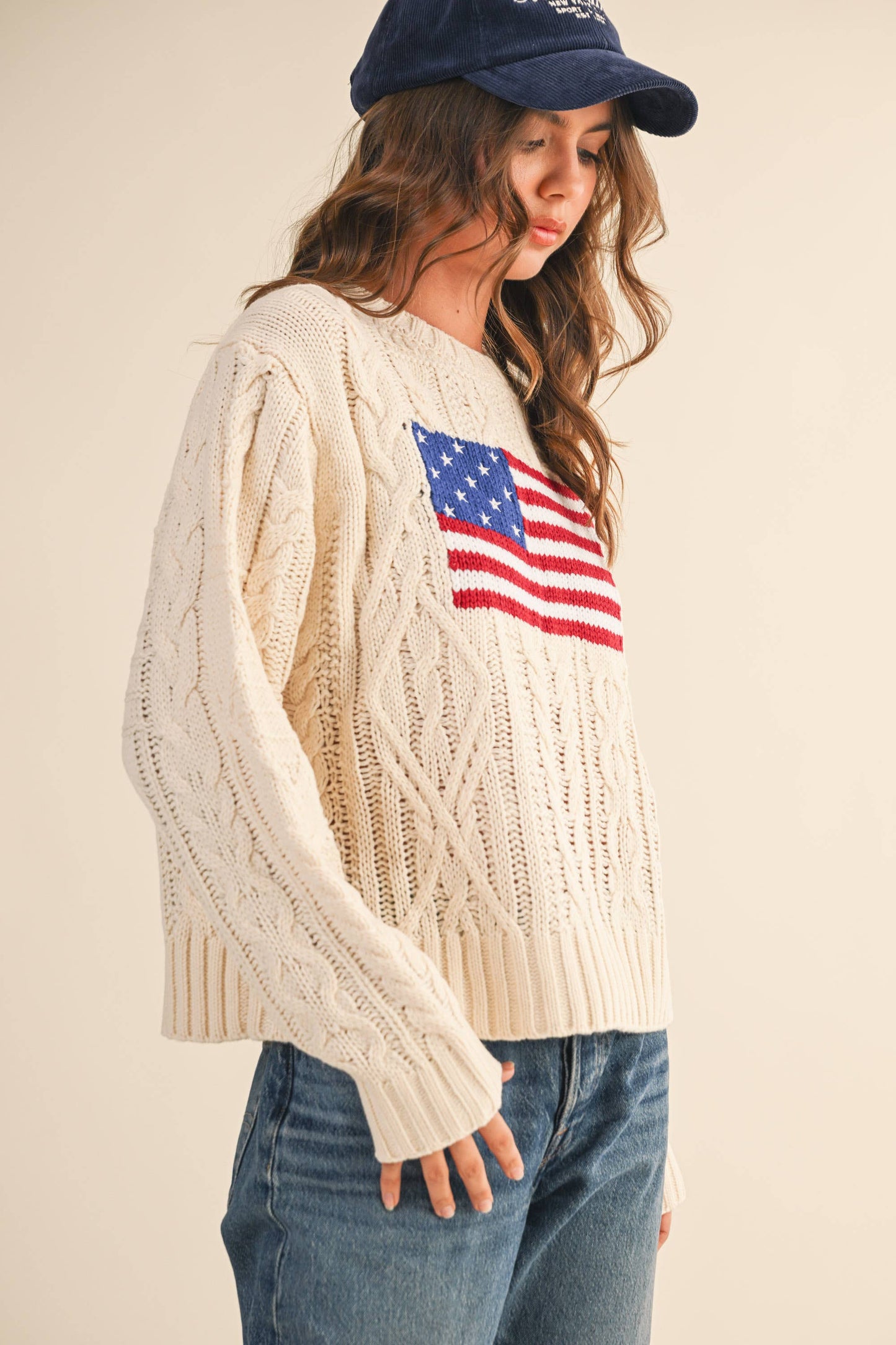 IT4473 USA FLAG CABLE KNIT SWEATER: CREAM / L