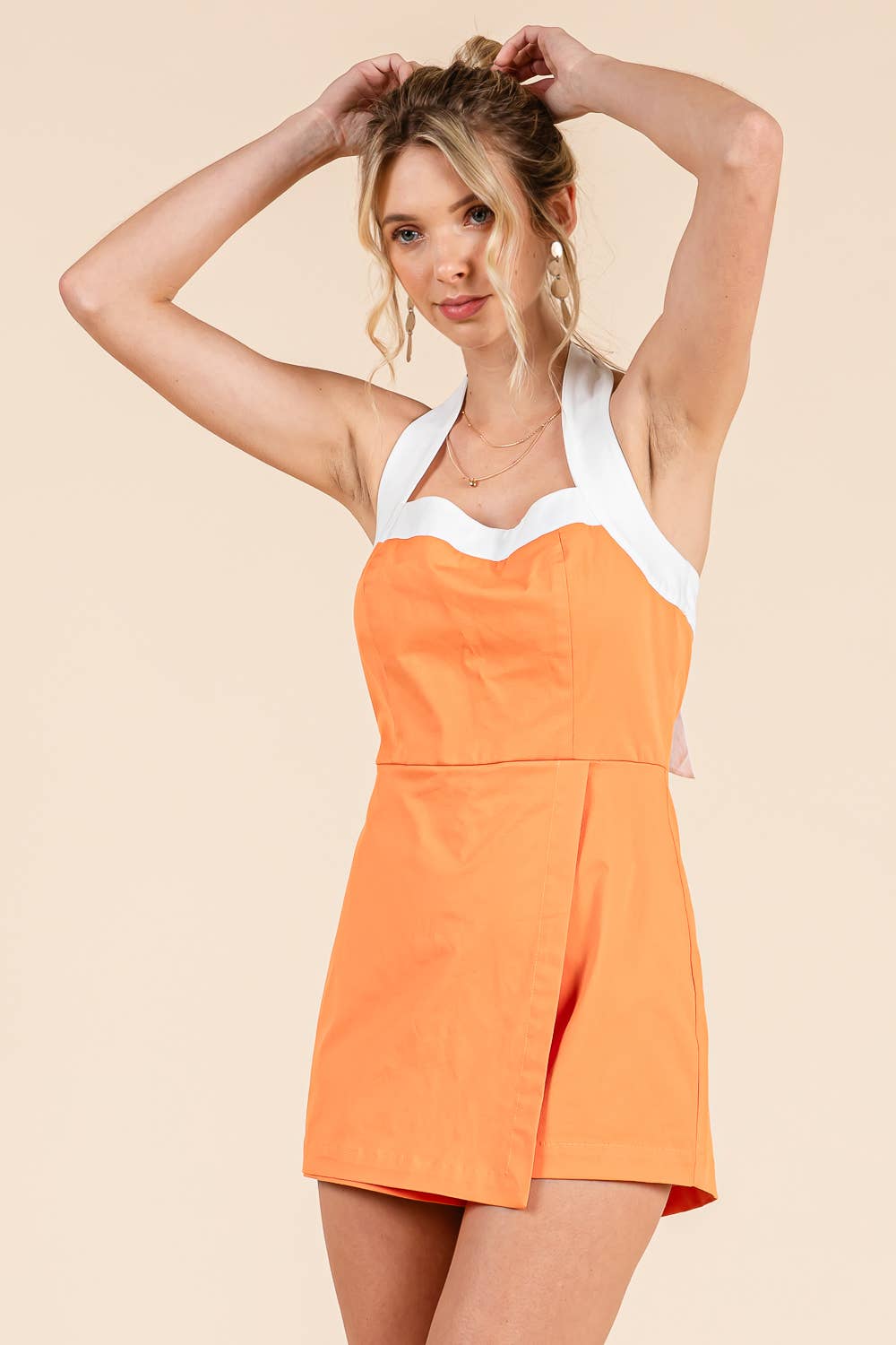 Gameday Halter tie neck playsuit with wrap detail to front: ROYAL/WHITE / M