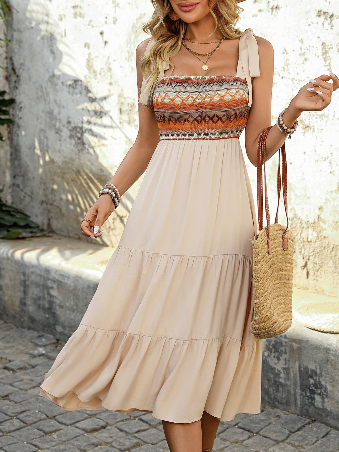 Suspenders A Hem Panelled Ethnic Dress: Apricot / M