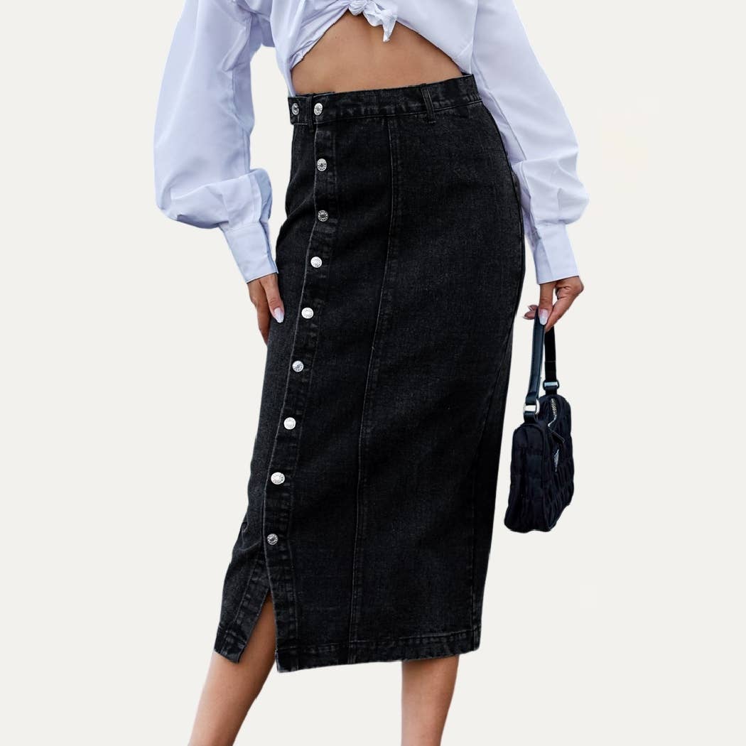 Always Chic Buttons High-Rise Denim Midi Skirt: DARK WASH / XS