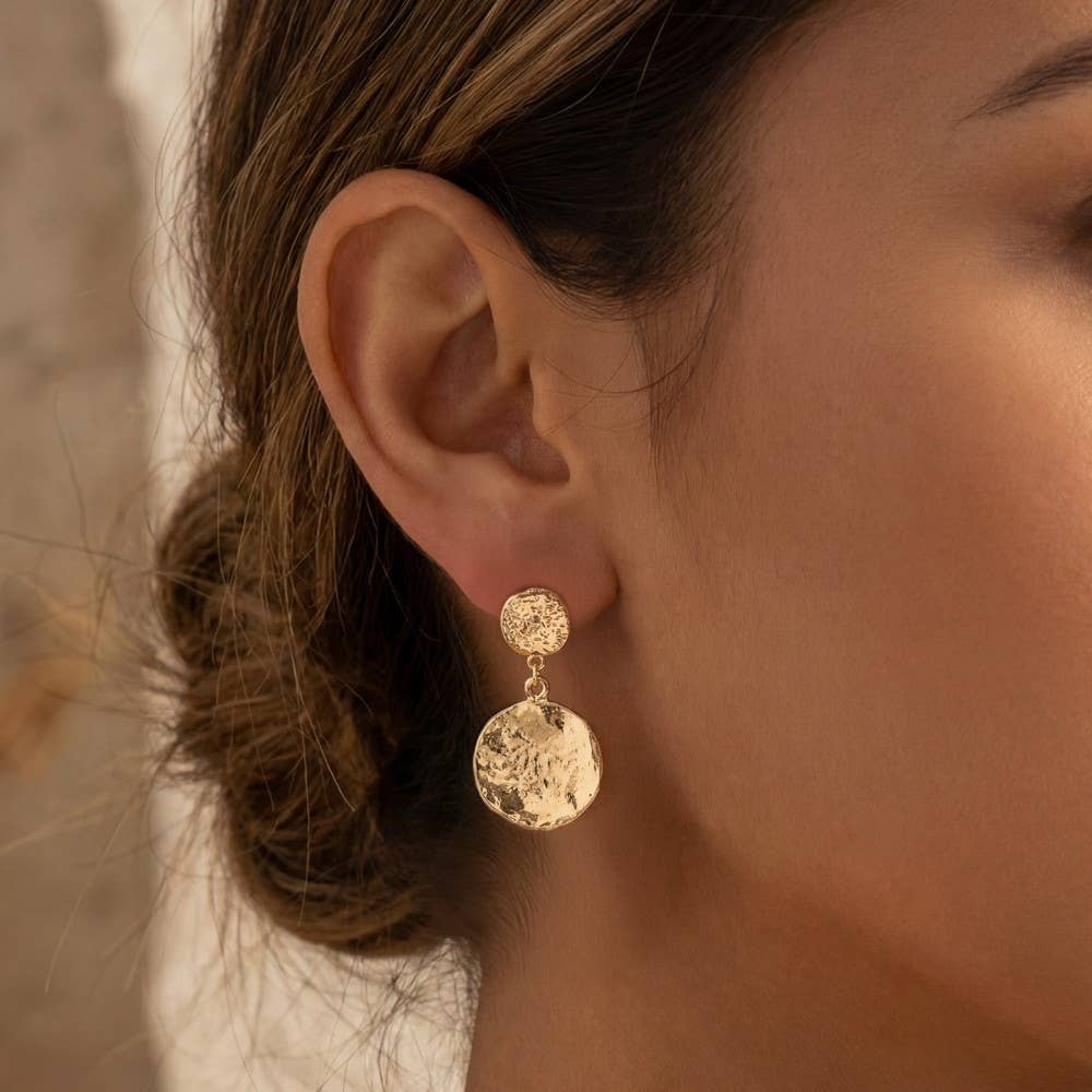Textured Double Coins Dangle Earrings: GDRH