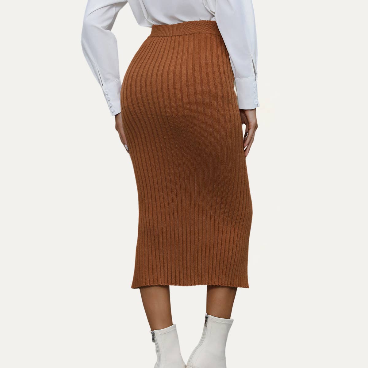 Fashionable Textured High-Waist Button-Front Midi Skirt: Caramel / L