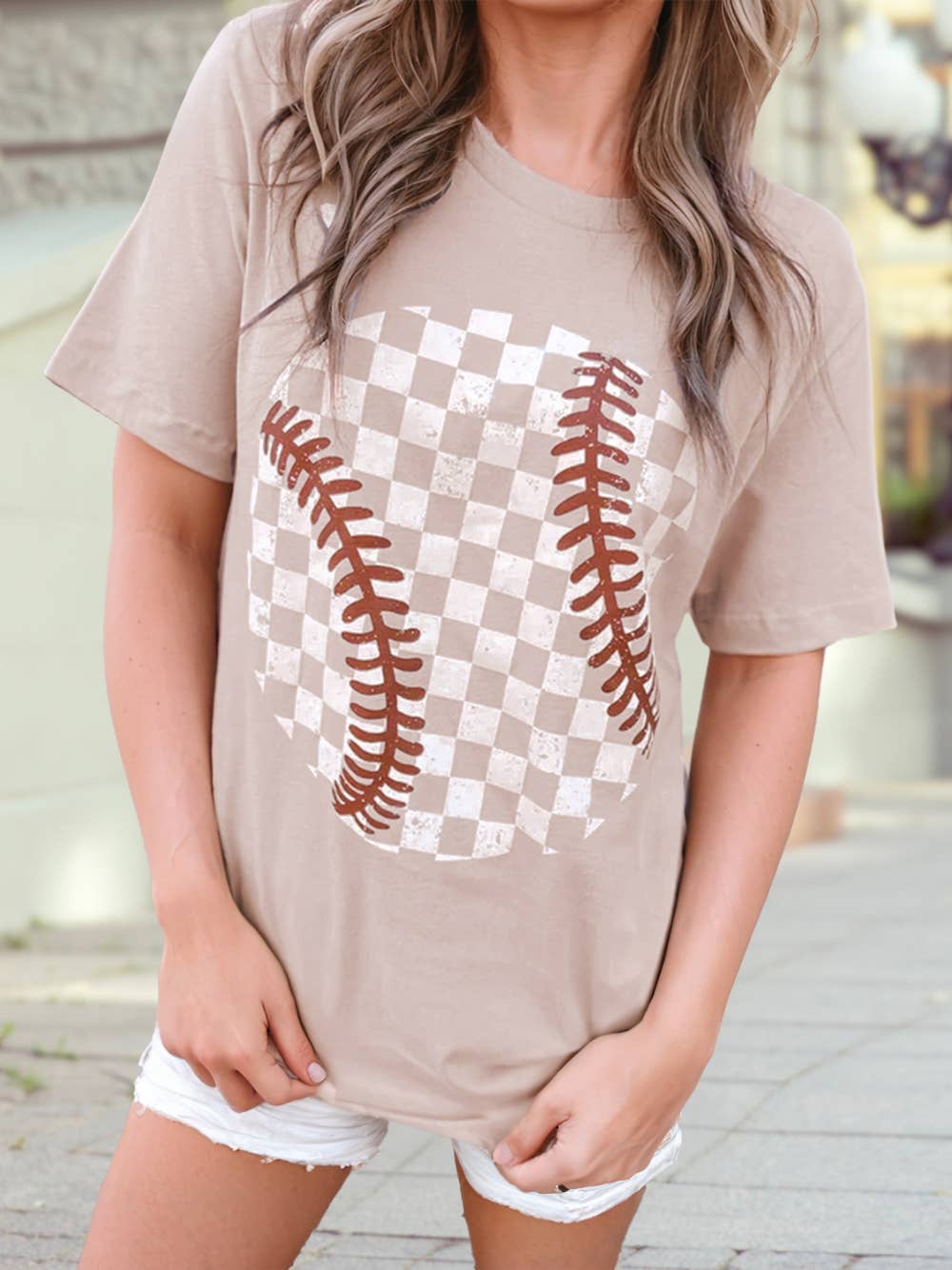Checkered Baseball Graphic Tee: Gray / M