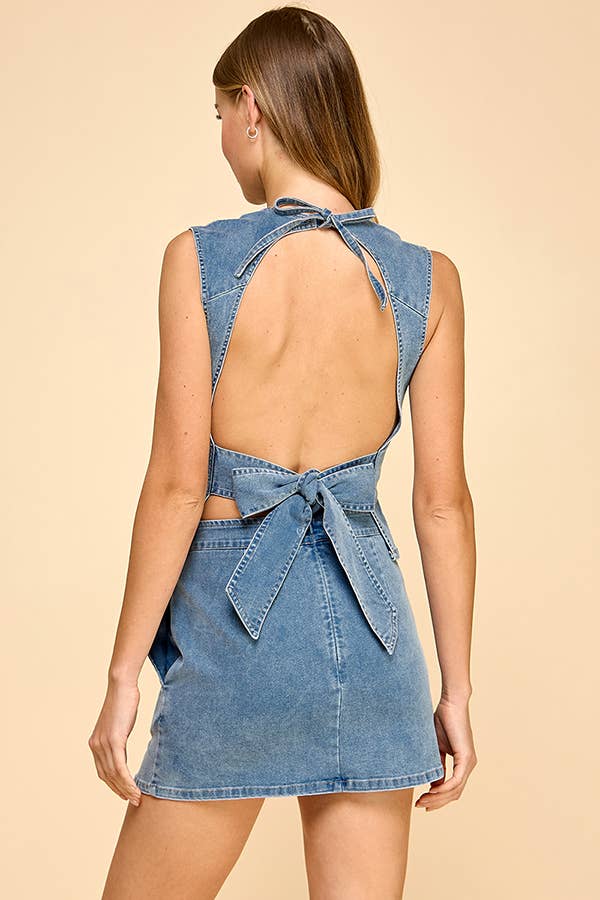 Round neckline open back denim set with back ribbon strap : DENIM / L