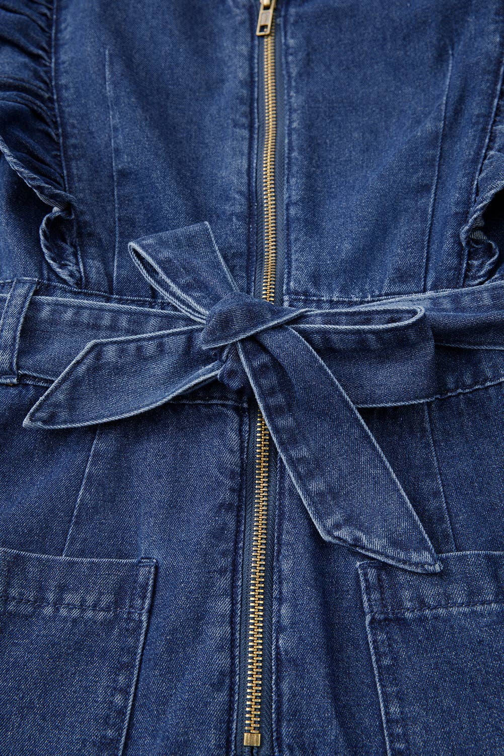 Denim Ruffle Belted Zip-Up Romper: Sail Blue / XL