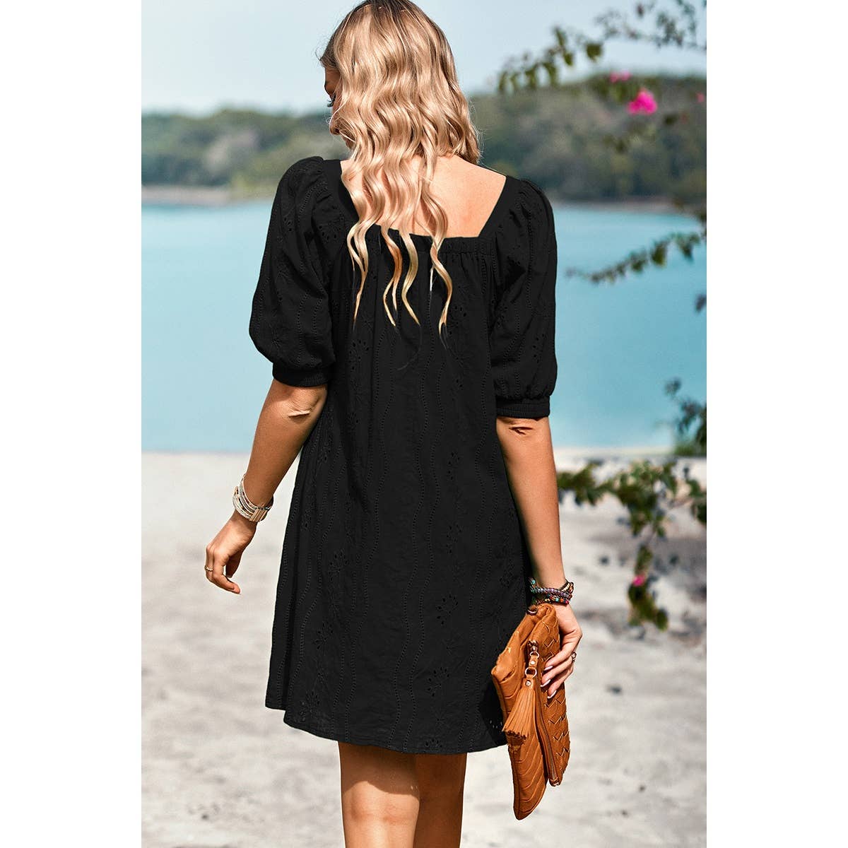 Square Neck Short Bubble Sleeve Babydoll Dress: WHITE / XL