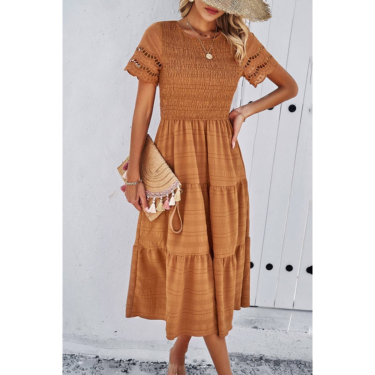 Lace Round Neck Ruched Fit Ruffle Solid Dress: WHITE / XL