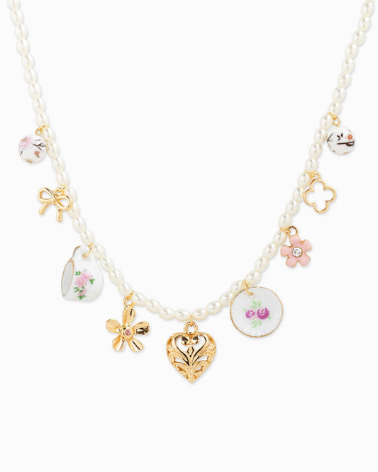 Feminine Ceramic Charm Pearl Chain Necklace