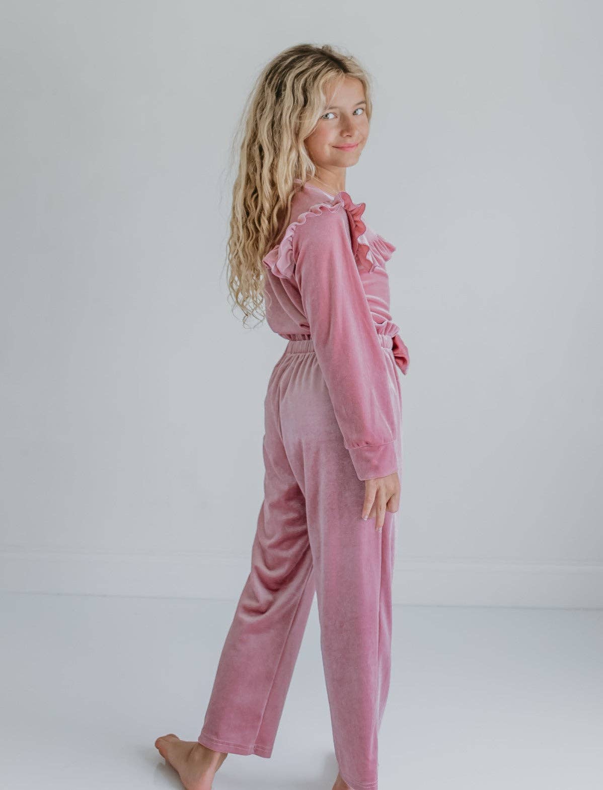 Girls Pink Velvet Ruffle Bow Fall Winter Fancy Pant Set: 3/4
