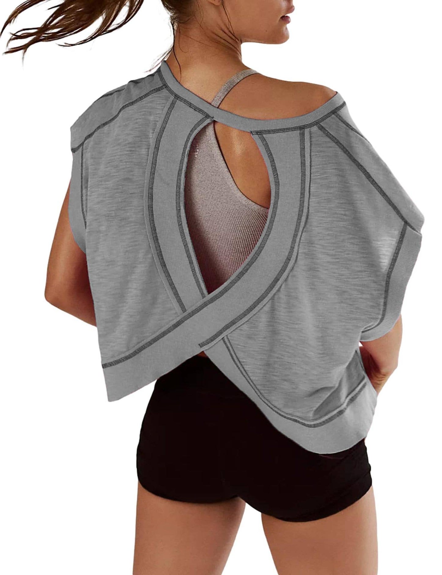 Slouchy wrapped cutout back workout short sleeve Tee: Royal / L