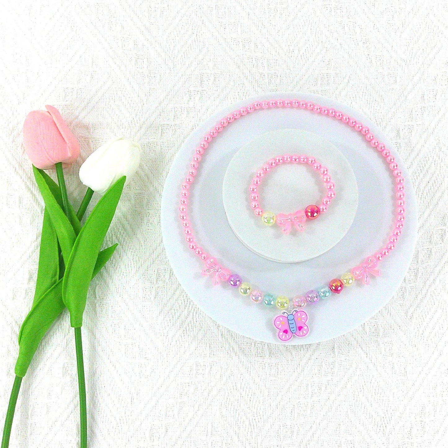 KIDS BEADS CHARM NECKLACE AND BRACELET JEWELRY SET 4315-1 : FLOWER