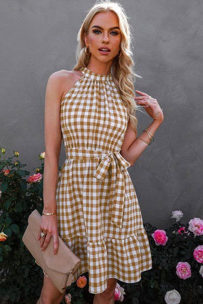 Plaid Key Hole Back Halter Sleeveless Dress: KHAKI / XL