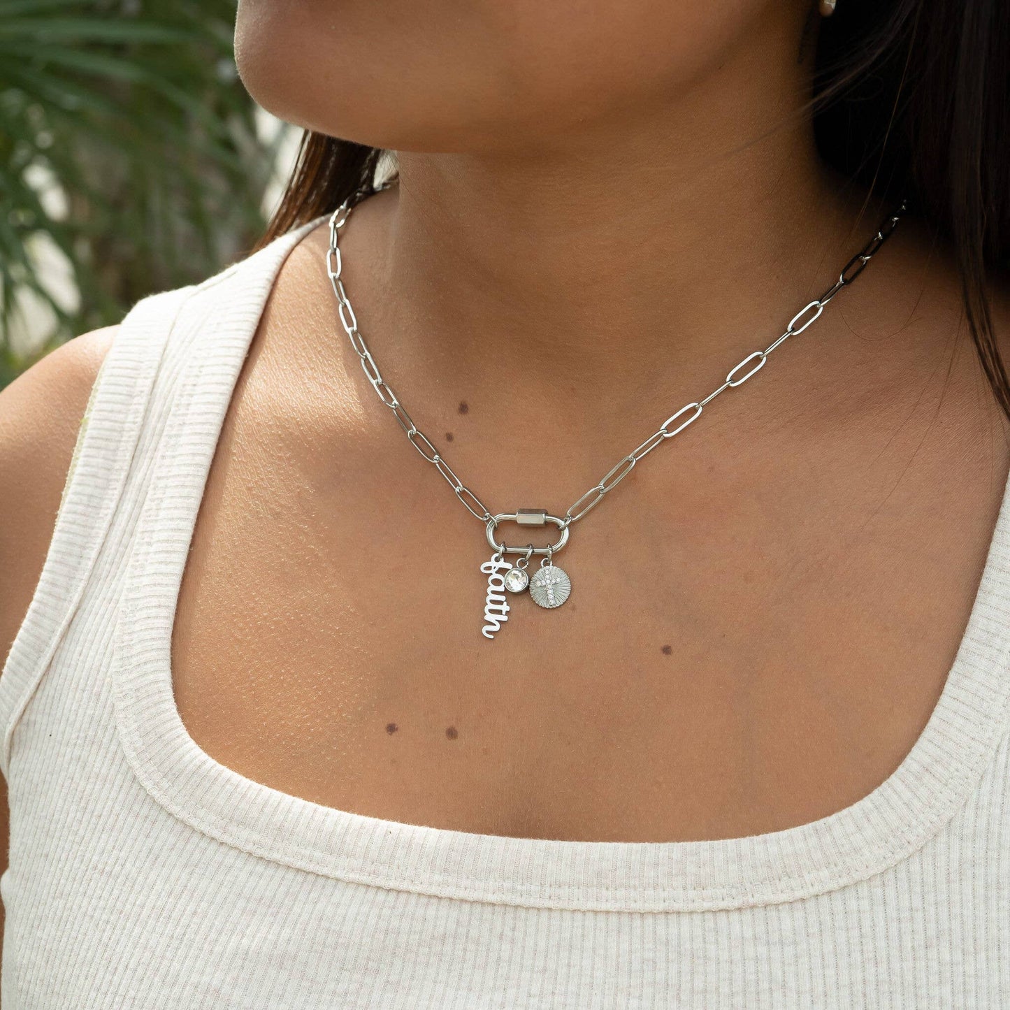 18K PVD Gold Carabiner "Faith" Paperclip Charm Necklace: Gold