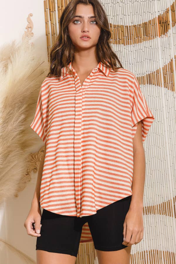 T1702-1C  Short Dolman Sleeve Oversized Stripe Shirt Top: Coral / S-M-L (2-2-2)
