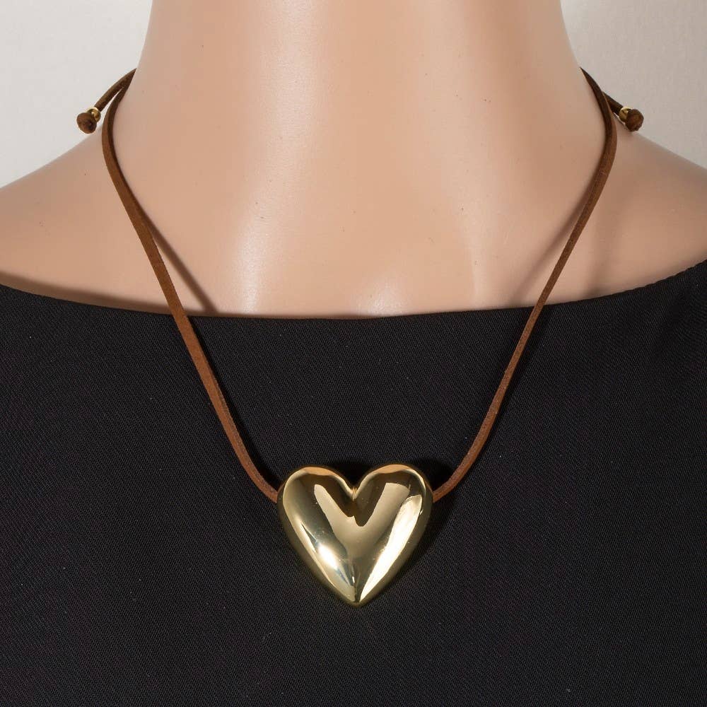 Heart Pendant Adjustable Cord Necklace: BROWN