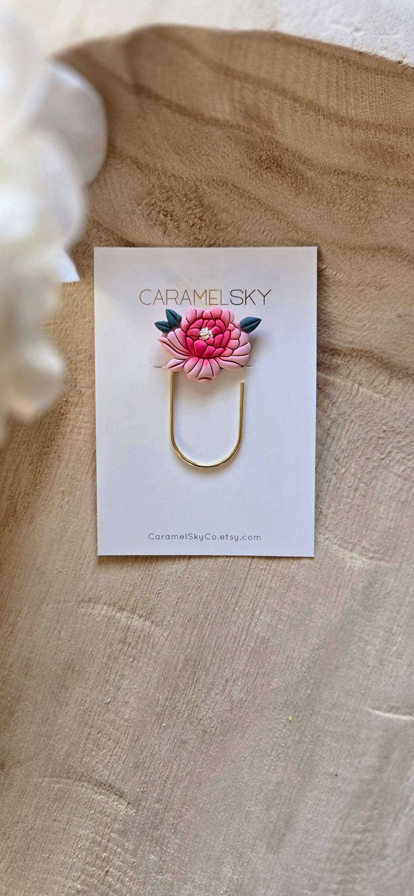 Handmade Peony Flower Paperclip Bookmark, Clay Bookmark: Pink
