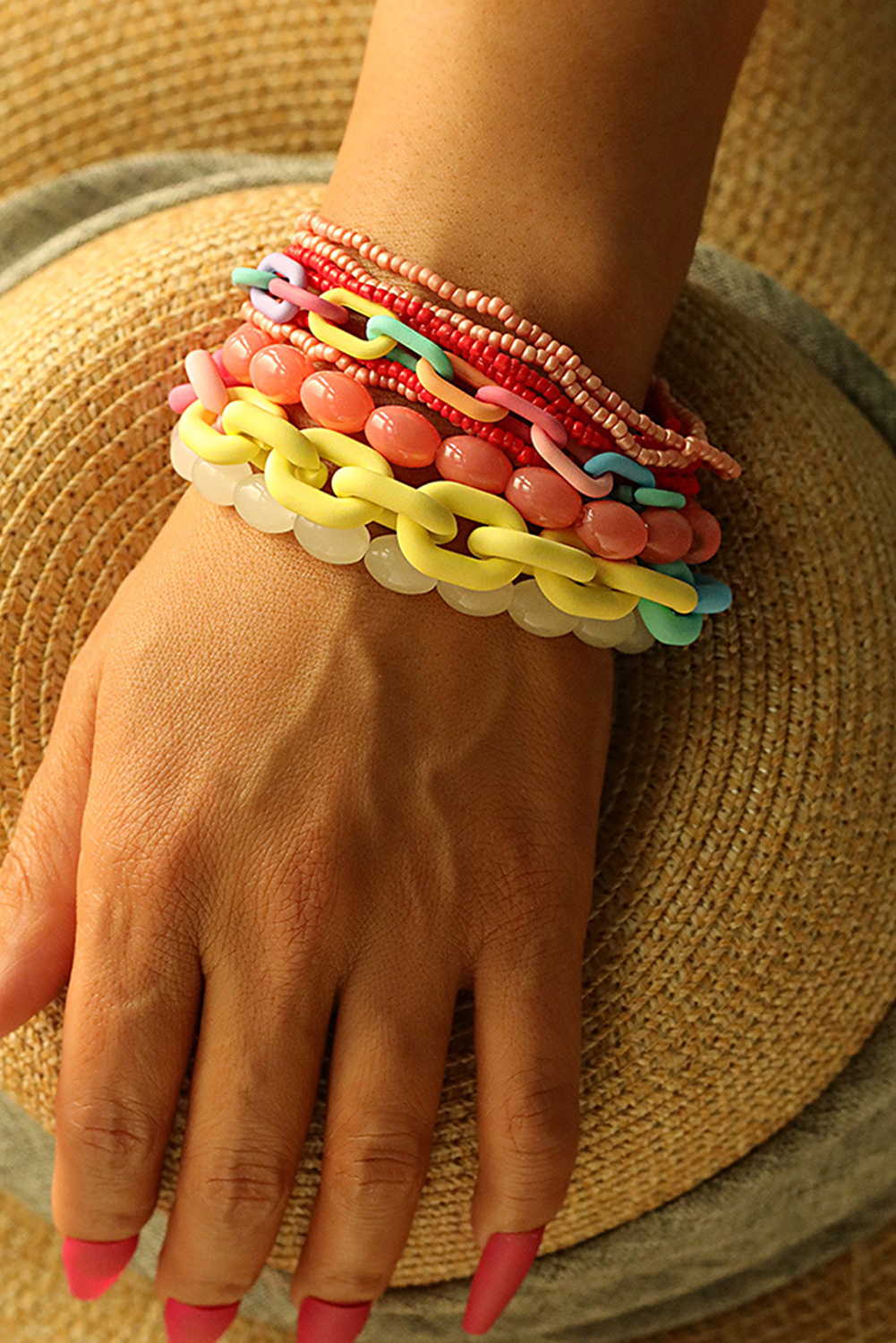 LDC Colorful Beaded Chain Link Layered Bracelet Set: Pink
