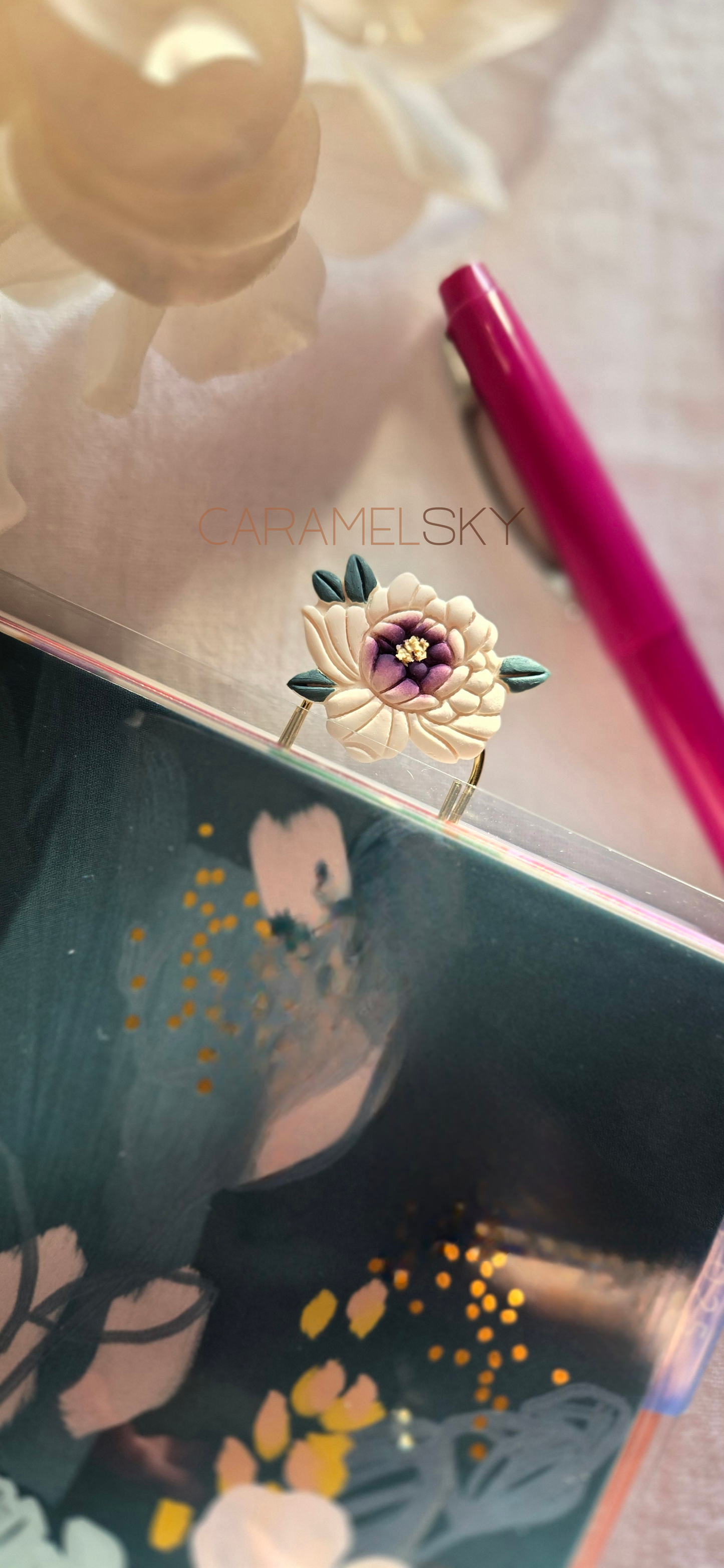 Handmade Peony Flower Paperclip Bookmark, Clay Bookmark: Pink