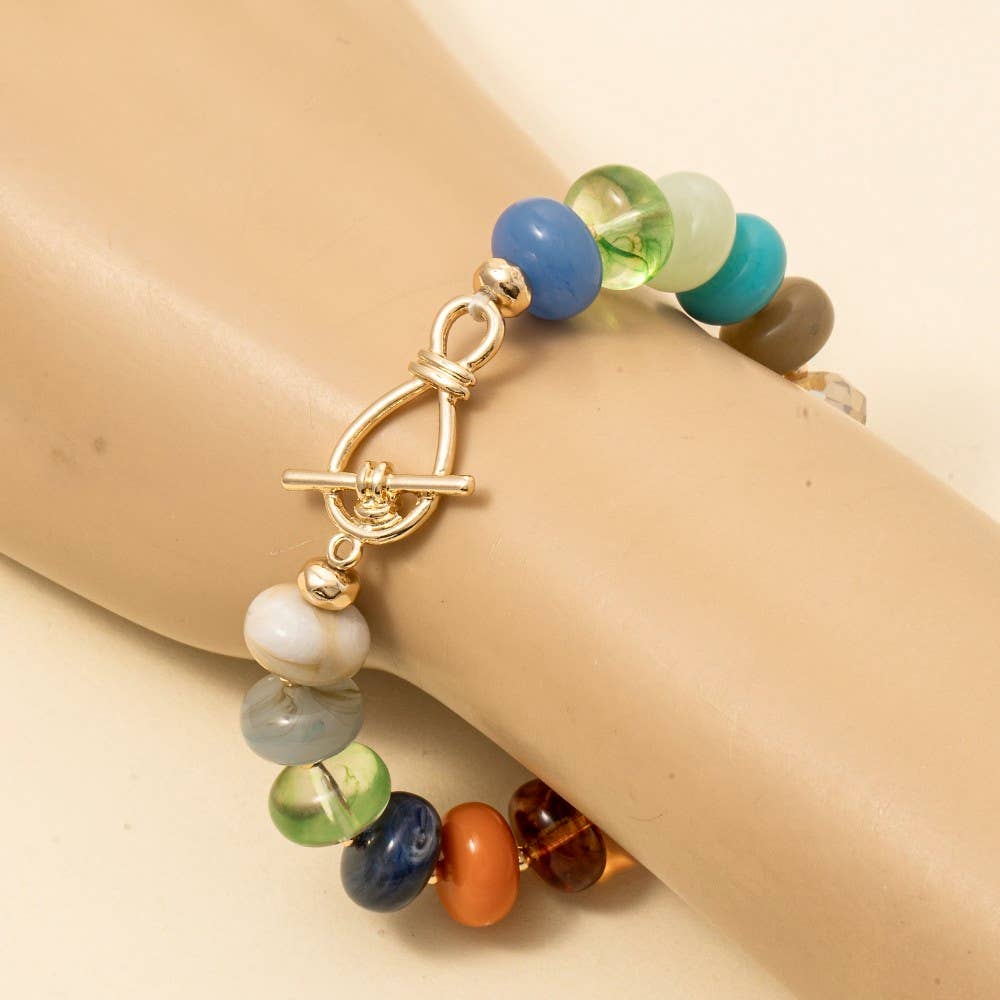 Mixed Faceted And Marble Resin Disc Beaded Toggle Bracelet: BL