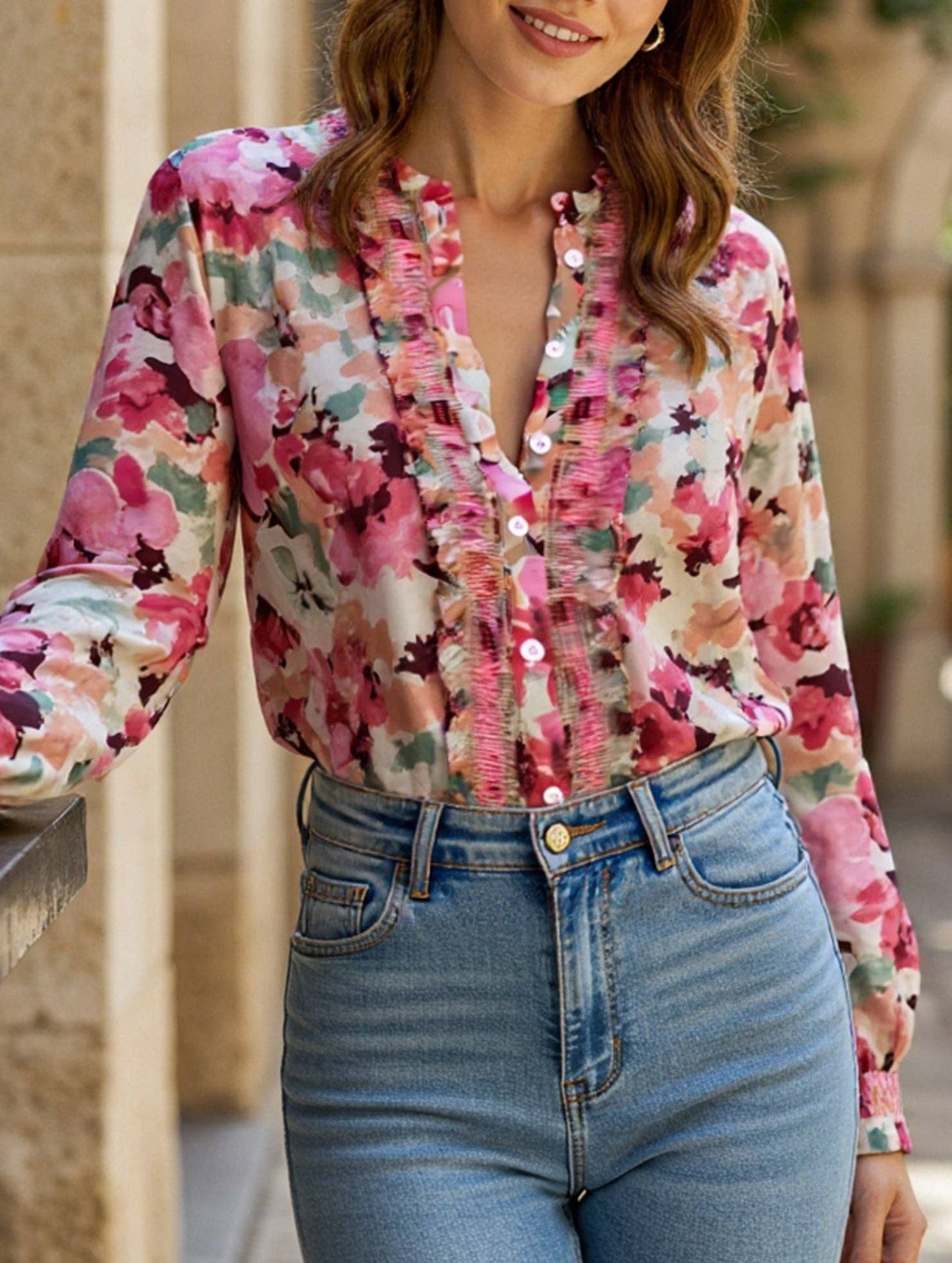 Loose lazy style printed crew neck shirt: Pink / (L) 1
