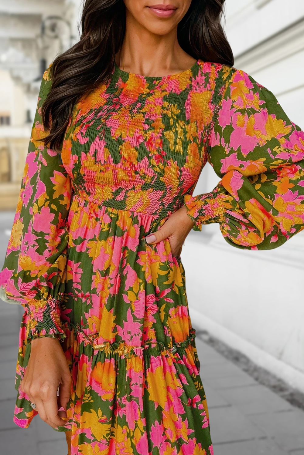 Floral Long Sleeve Smocked Ruffled Mini Dress | S-XL: Multicolour / S