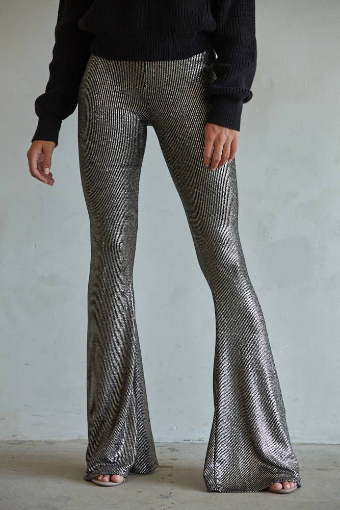 L7721 | Knit Nylon Spandex Rib High Waist Bootcut Pants: Black Gold / M