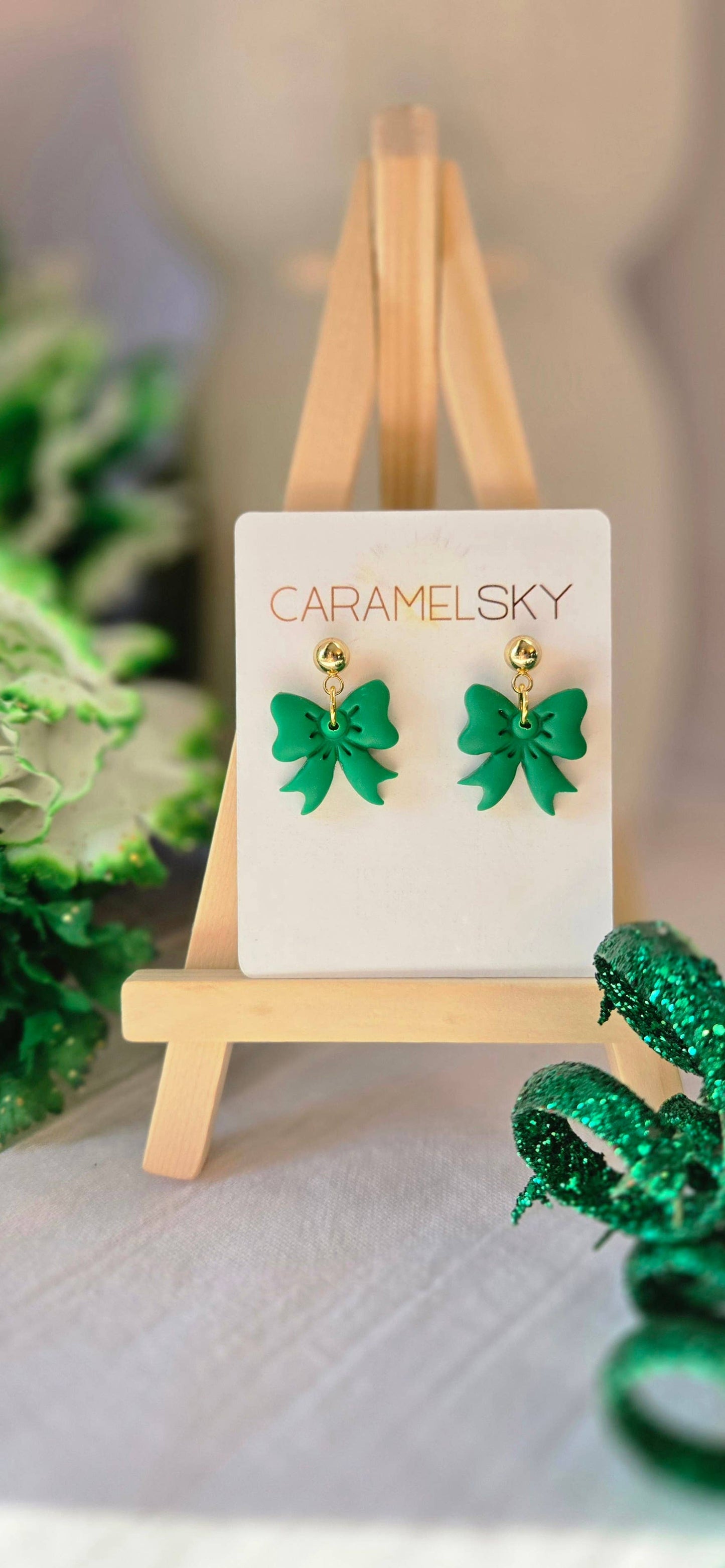 Lucky Green Bow Earrings, St. Patrick’s Day Jewelry, Clay