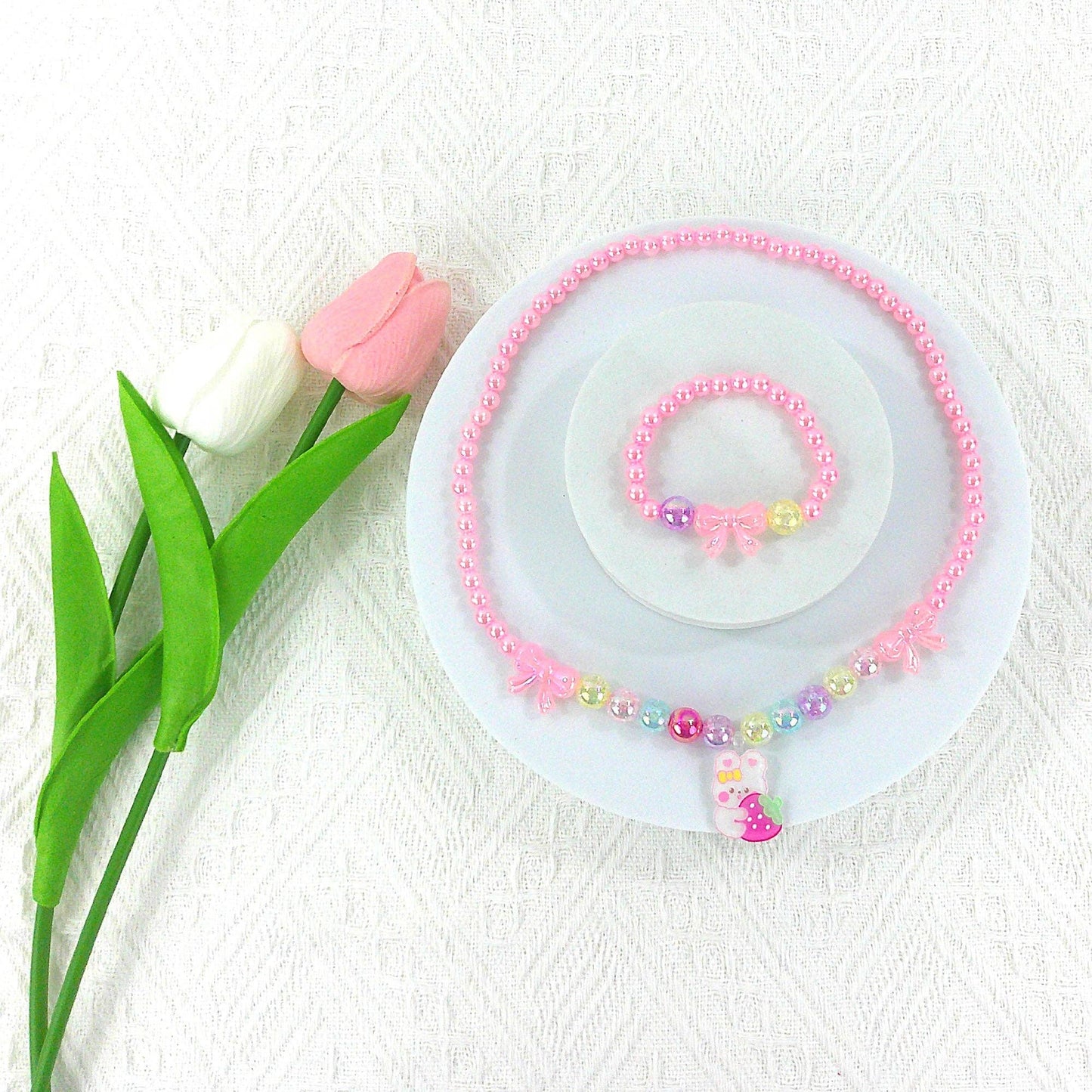 KIDS BEADS CHARM NECKLACE AND BRACELET JEWELRY SET 4315-1 : FLOWER