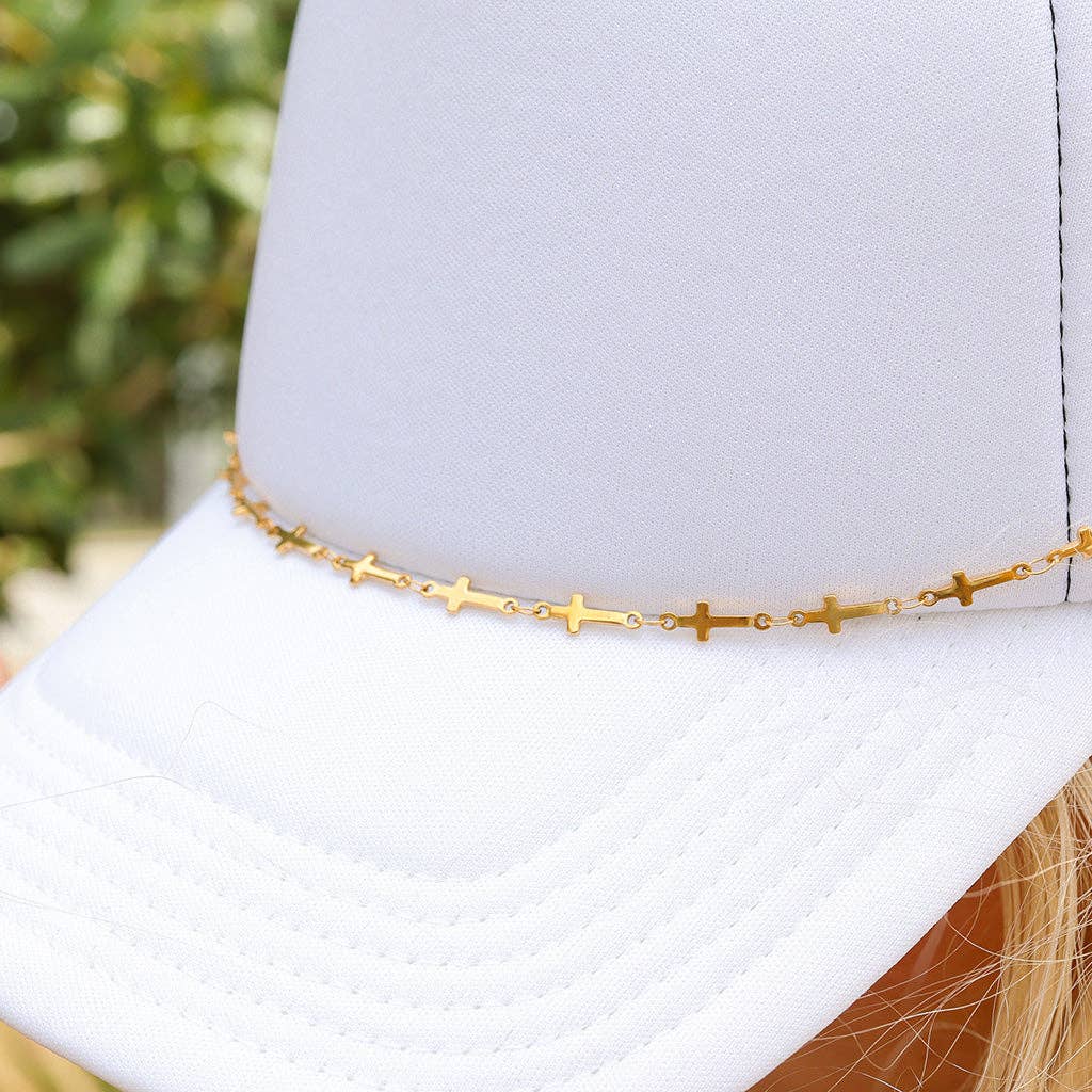 Trucker Hat Chain: 18K Gold PVD Stainless Steel Cross: Stainless
