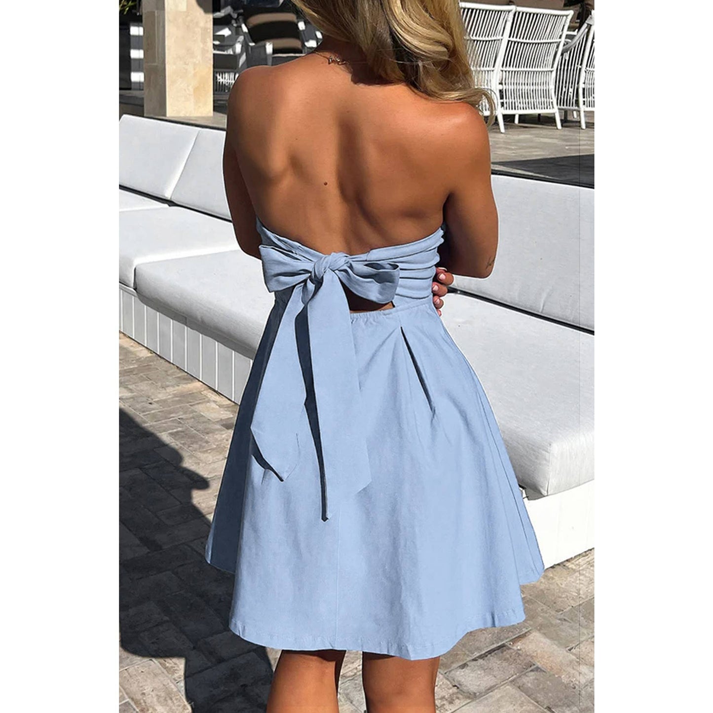 Off Shoulder Open Back Knot Pleated Mini Dress: WHITE / XL