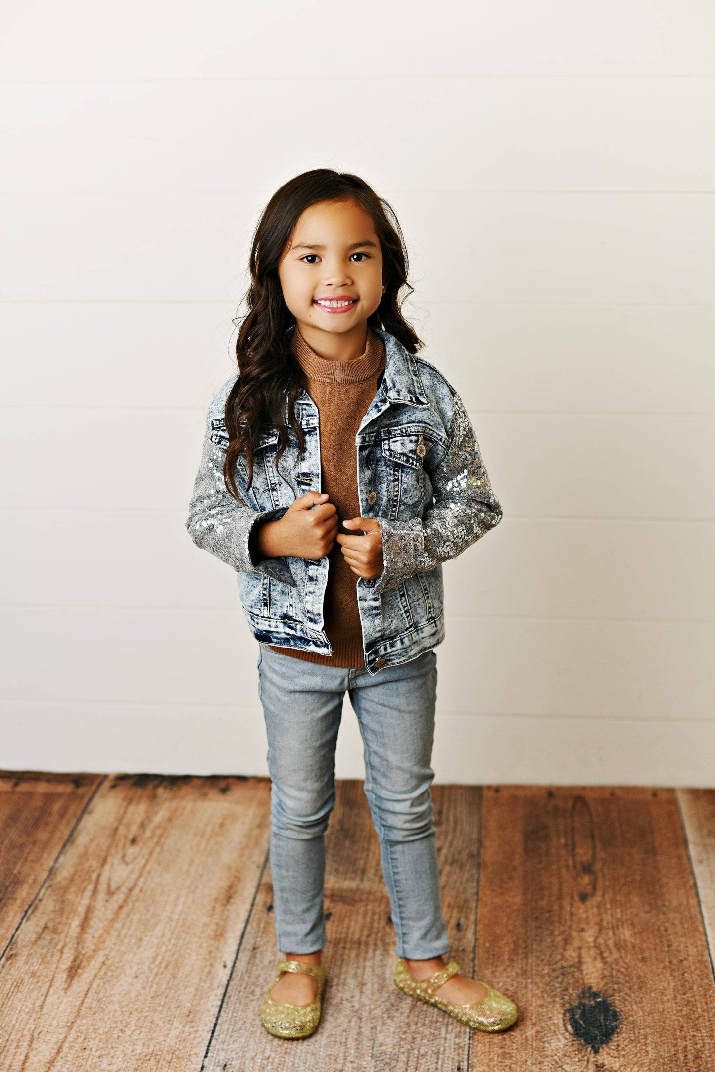 Kids Silver Sequin & Light Wash Denim Button Pocket Jacket: 7