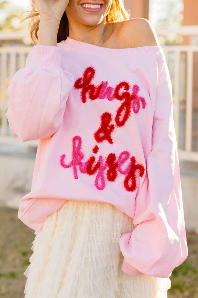 Hugs & Kisses Embroidered Sweatshirt: Pink / L