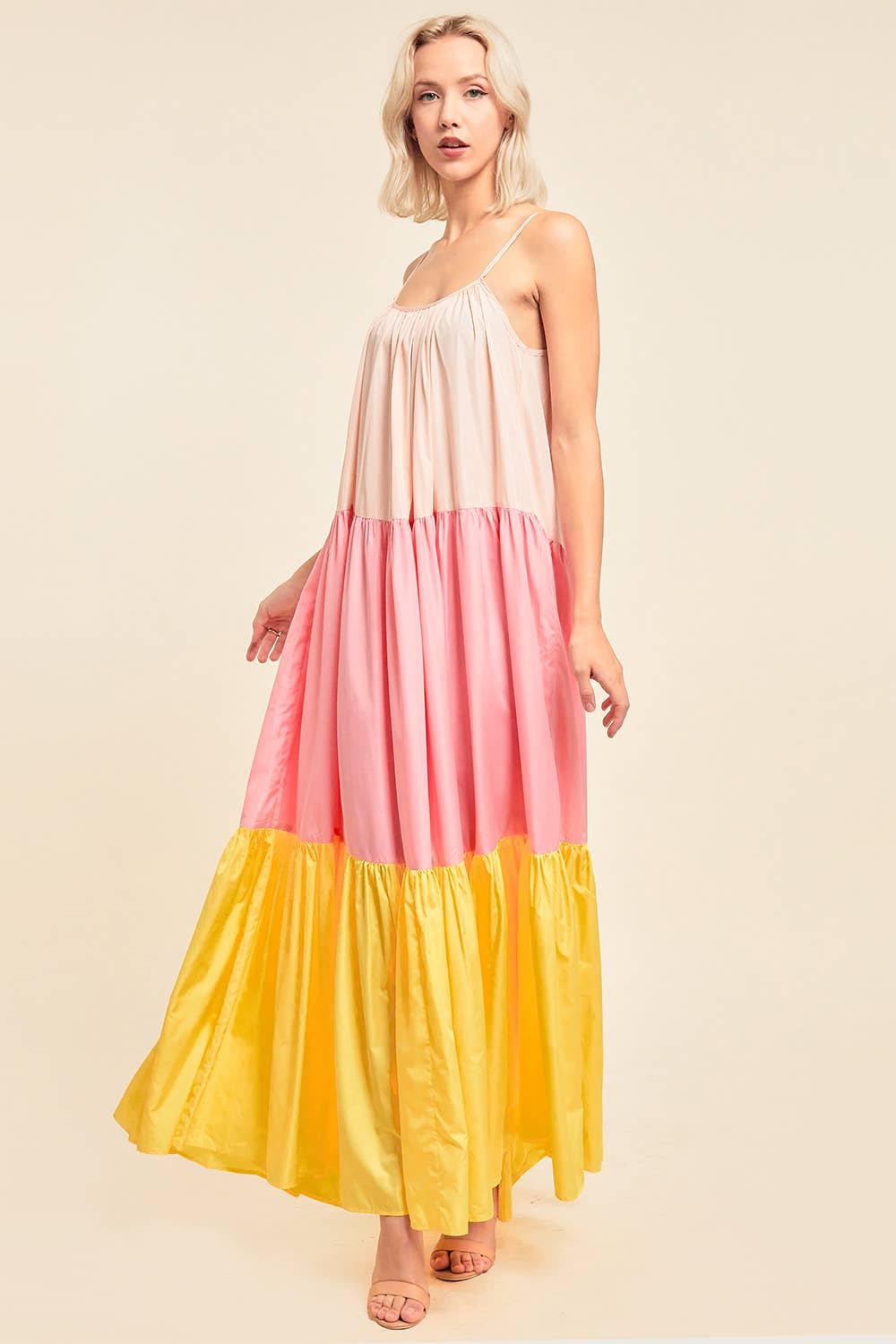 COLOR BLOCK MAXI DRESS WITH POCKETS: YELLOW/PINK