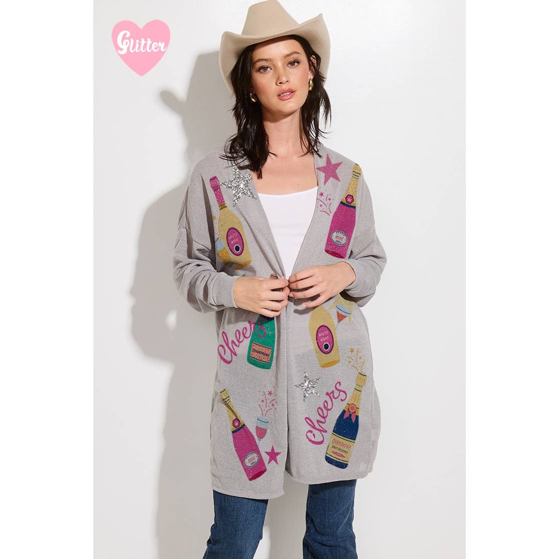 Holiday Cheers Glitter print Knit Cardigan: KHAKI / S