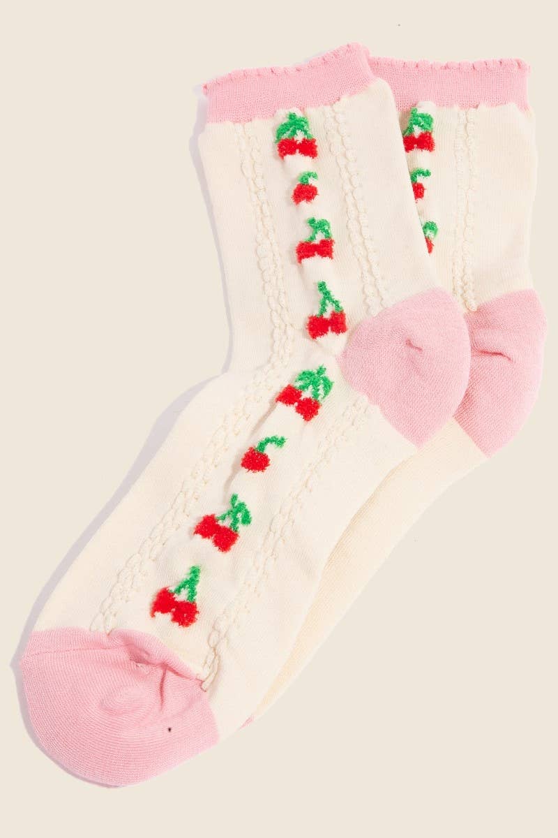 Pink Accent Cherry Embroidered Beige Socks: Beige