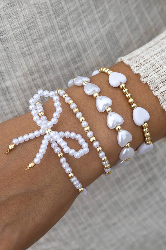 LDC Bow Knot Heart Shape Faux Pearl Beaded Bracelet Set: White