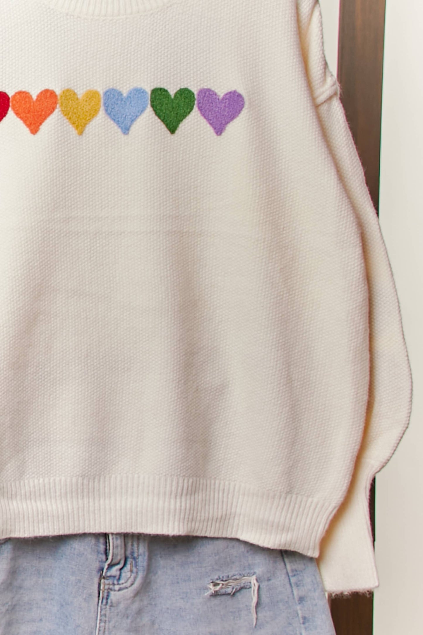Rainbow Heart Shaped Patch Sweater: Ivory Multi / M