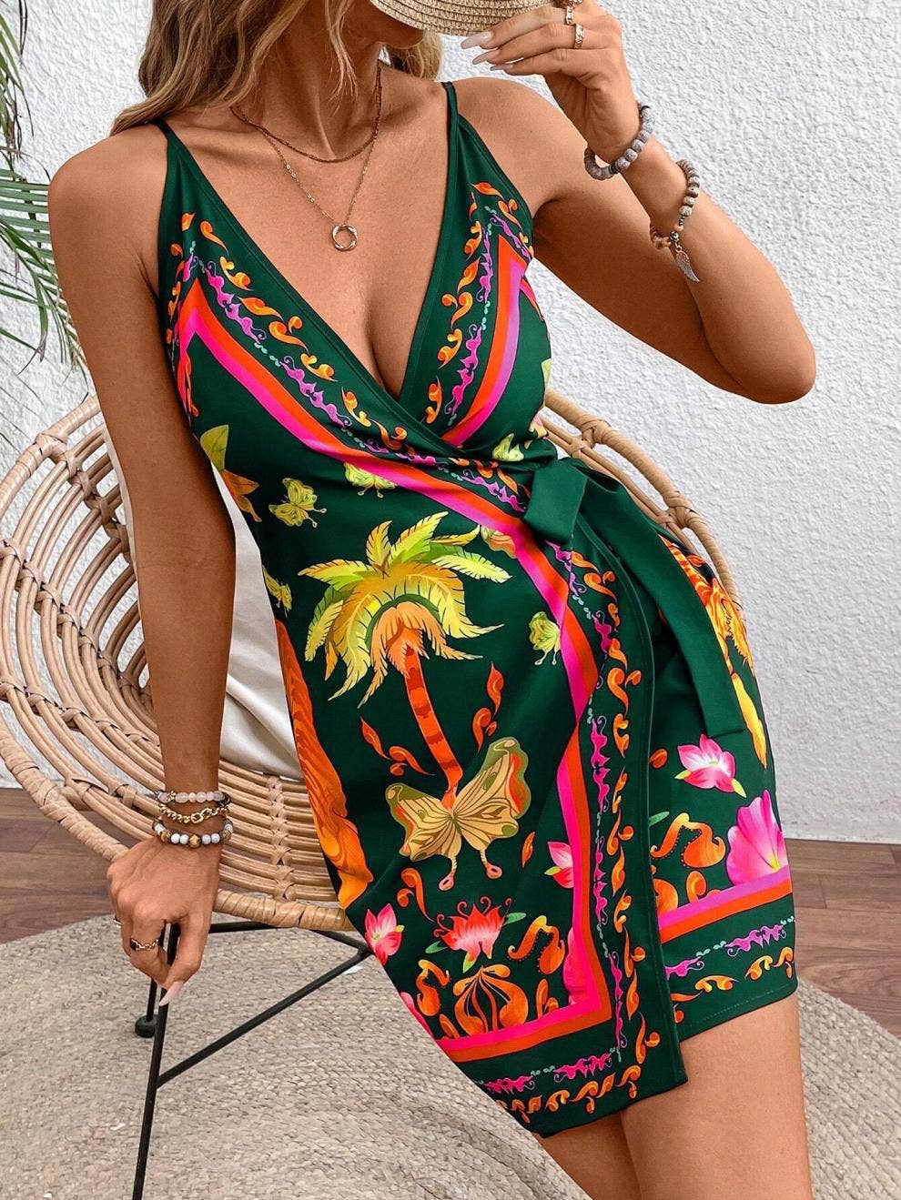 Print sleeveless lace-up mini dress: Green / M