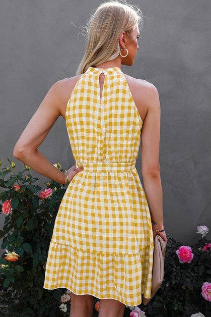 Plaid Key Hole Back Halter Sleeveless Dress: KHAKI / L
