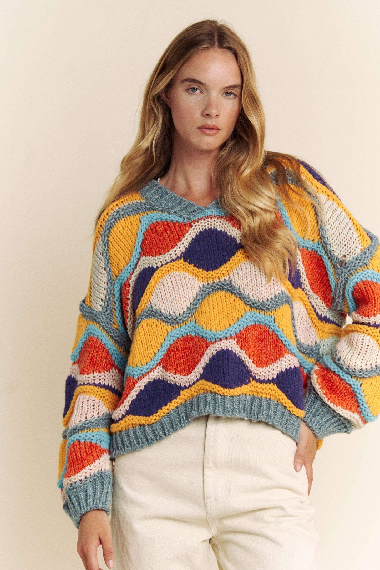 V NECK LONG SLEEVE MULTI COLOR SWEATER TOP: MULTI / L
