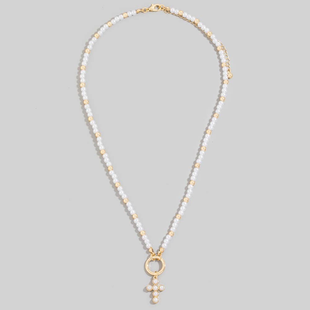 Cross Pendant Pearl And Metallic Beaded Necklace: GDCRM