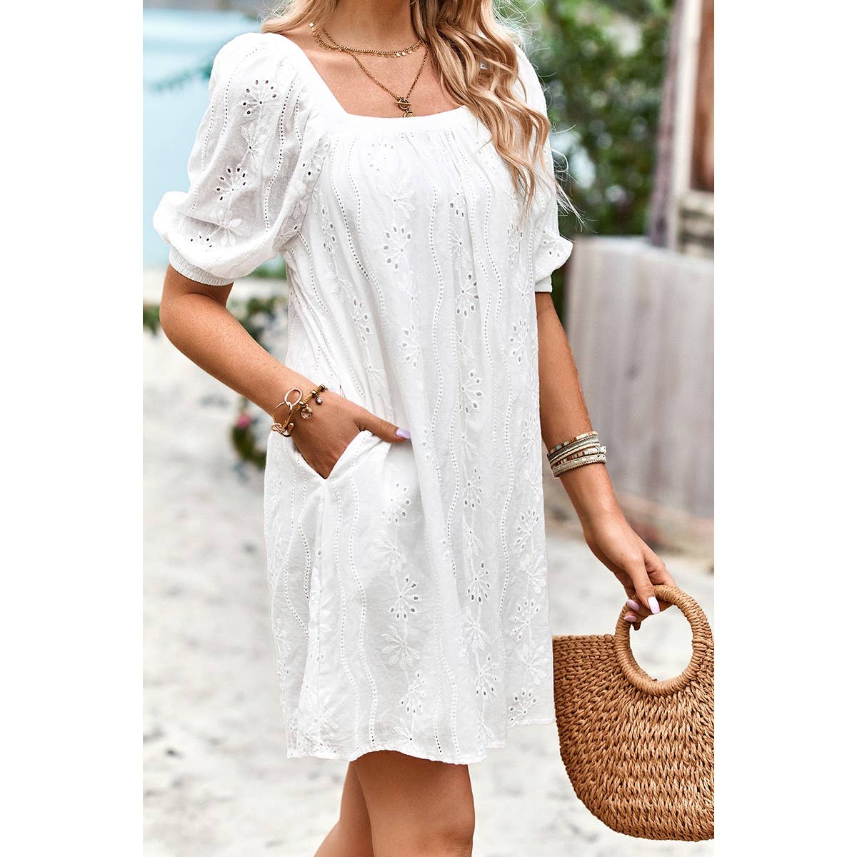 Square Neck Short Bubble Sleeve Babydoll Dress: WHITE / M