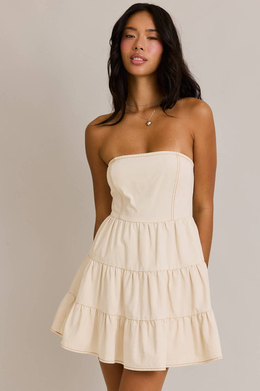 TIERED TUBE DRESS: CREAM / L
