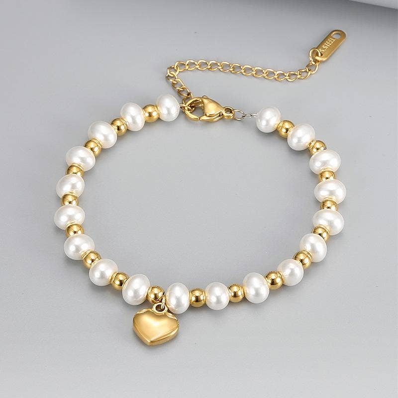 Stainless Steel Heart Pendant Pearl Beaded Bracelet - FGS: Gold