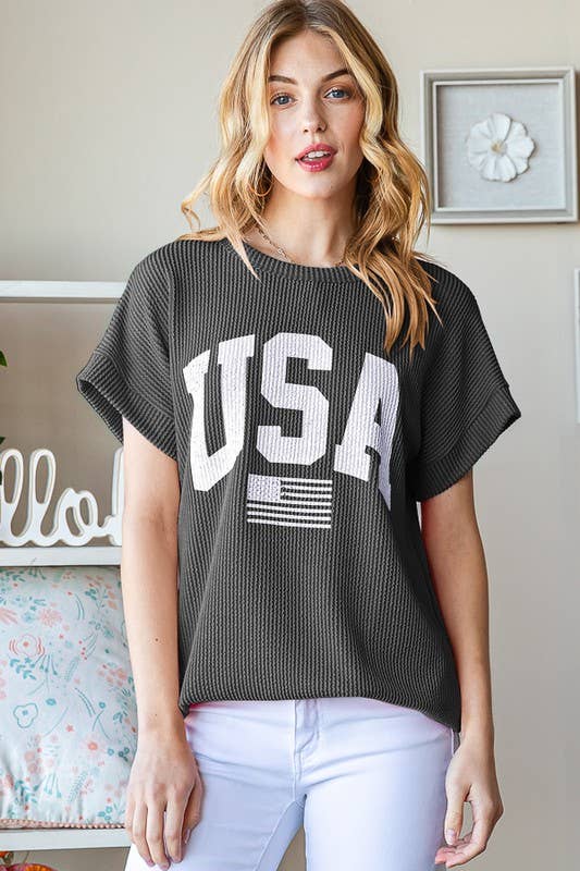 ET7523-11 SOLID RIBBED USA LETTERING TOP: CORAL / 2-2-2 (S-M-L)