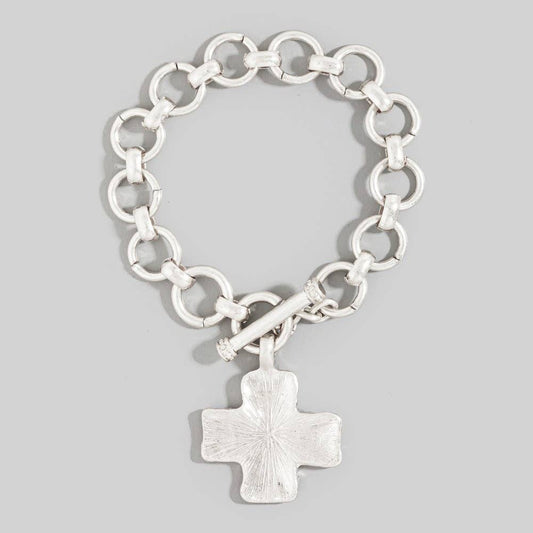 Metallic Hammered Cross Toggle Chain Bracelet: SV